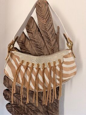 VTG Ripani ITALY Zebra-Print Fringe Shoulder Bag Purse western Y2K